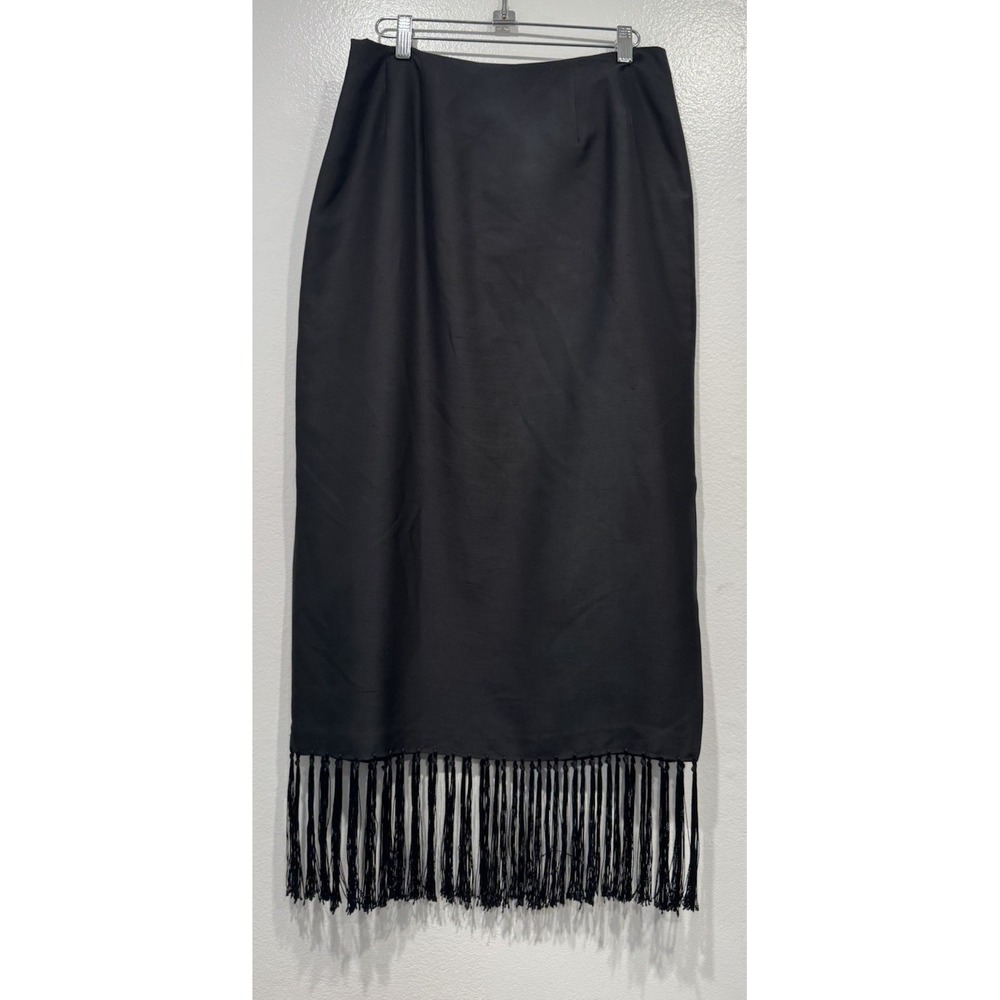 Vintage 90s CLIO Black Embroidered Silk Skirt Size 10 Floral Fringe Boho Fairy - Picture 4 of 7